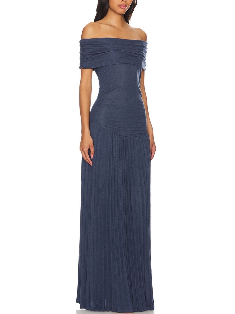 Lioness Off-Shoulder Navy Pleated Maxi Gown - Picture 2 of 3